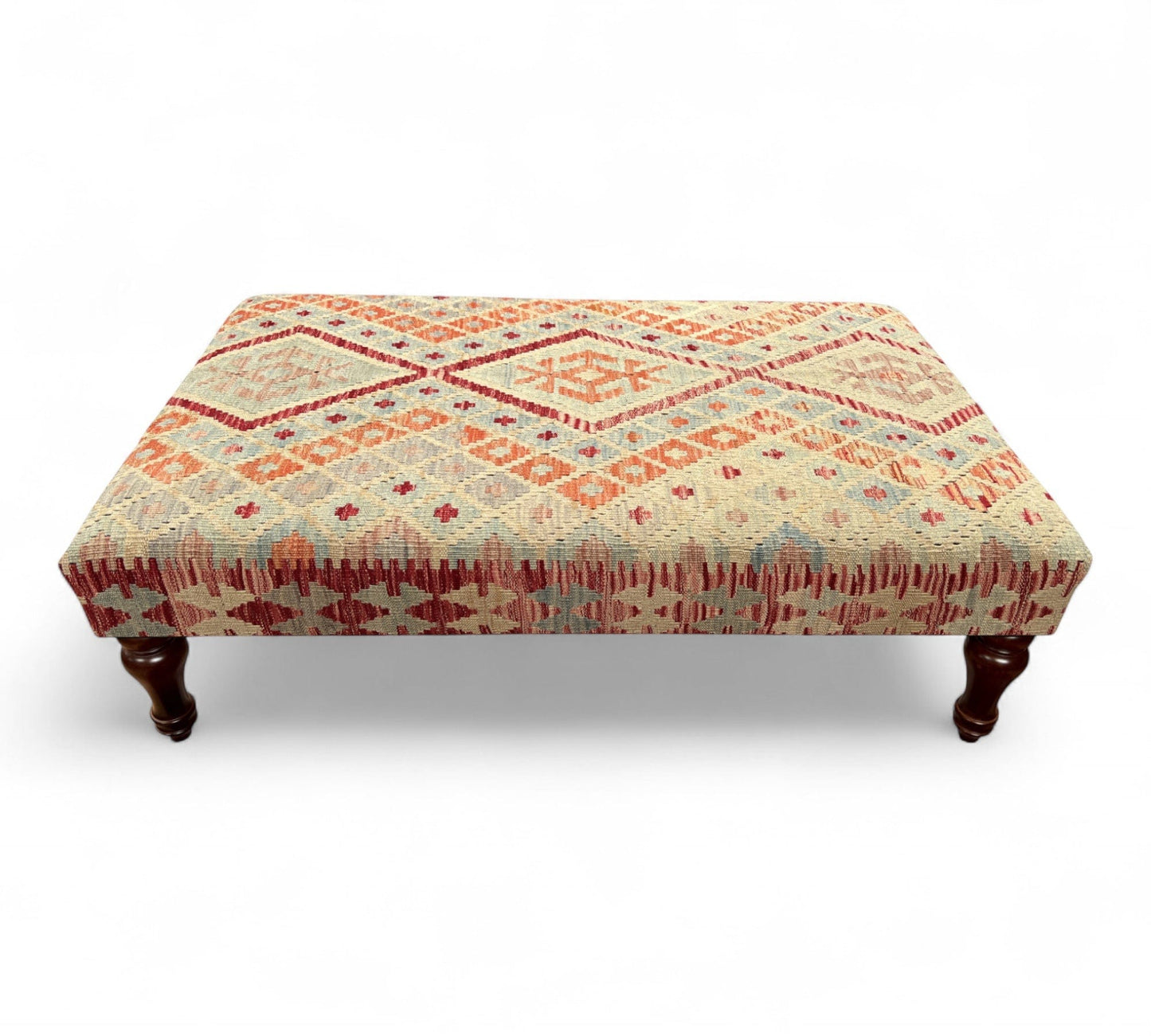 Kilim Table Stool with traditional patterned kilim cover, 120cm x 75cm dimensions, featuring dark brown divan-style legs