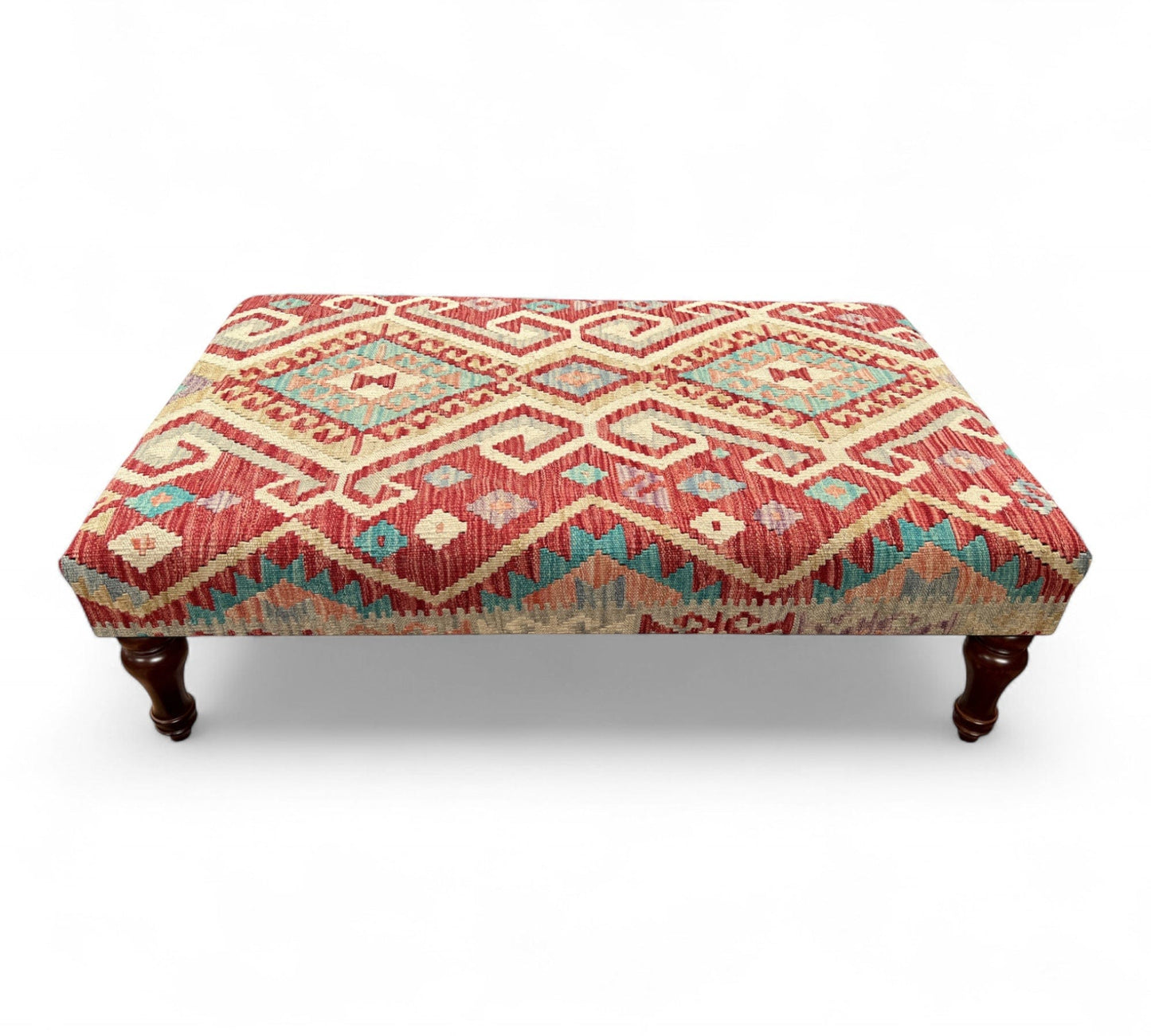 Kilim Table Stool with traditional patterned kilim cover, 120cm x 75cm dimensions, featuring dark brown divan-style legs