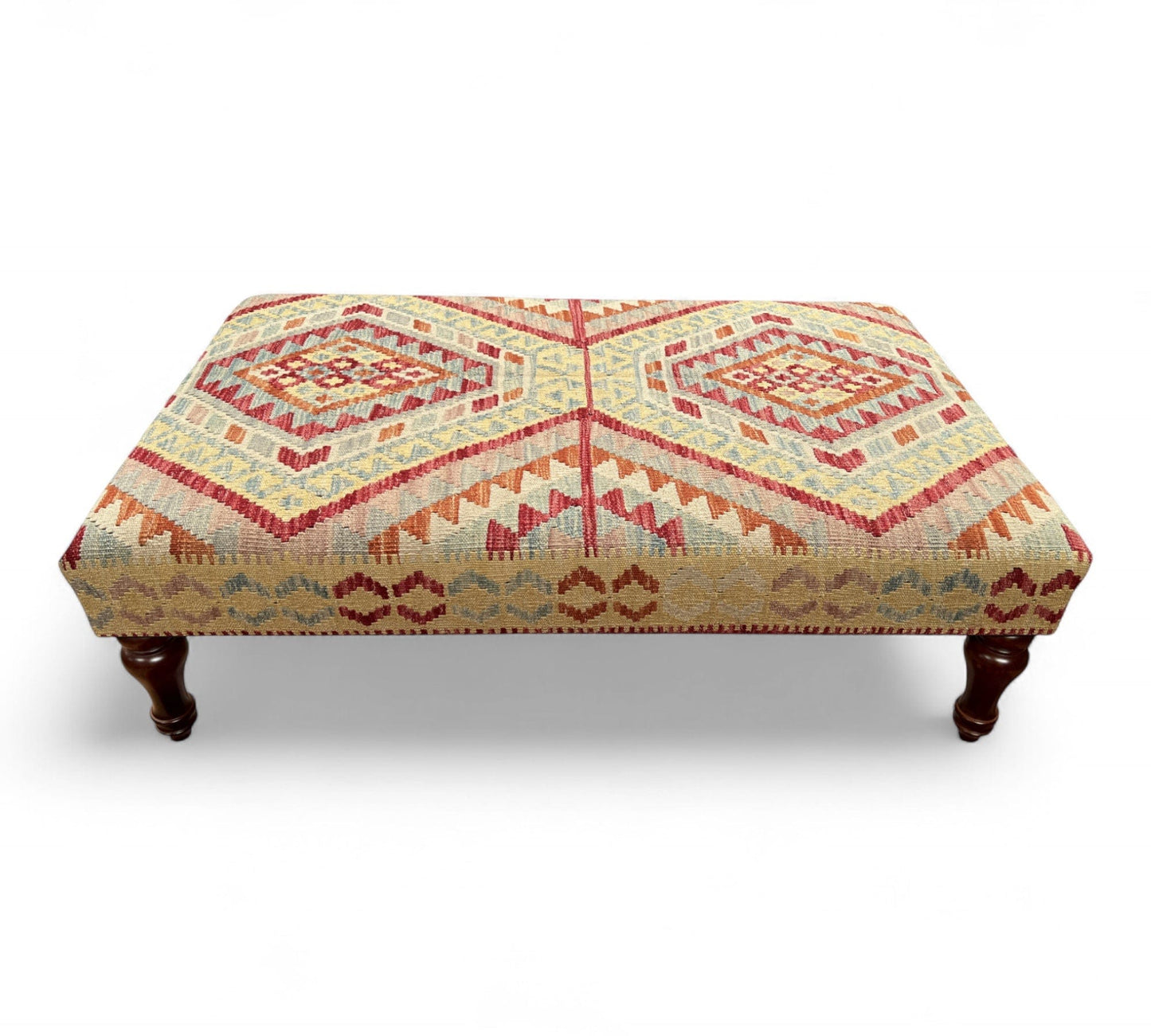Kilim Table Stool with traditional patterned kilim cover, 120cm x 75cm dimensions, featuring dark brown divan-style legs