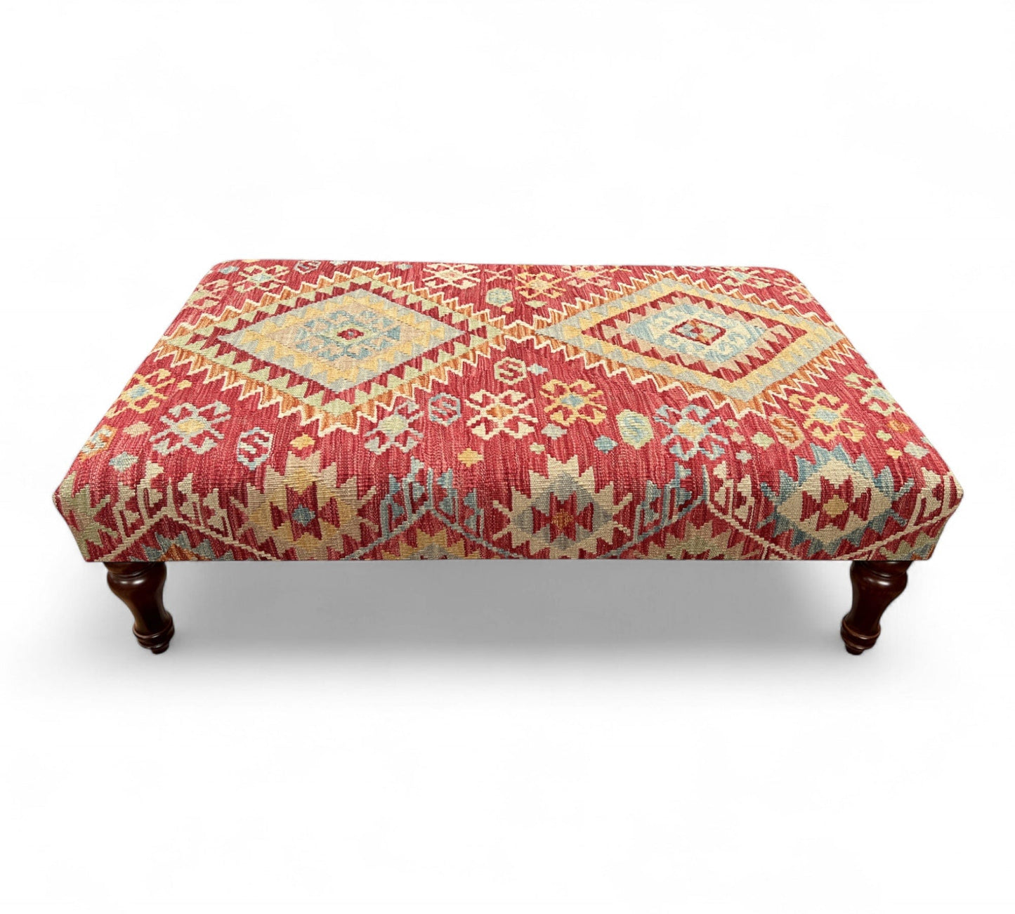Kilim Table Stool with traditional patterned kilim cover, 120cm x 75cm dimensions, featuring dark brown divan-style legs