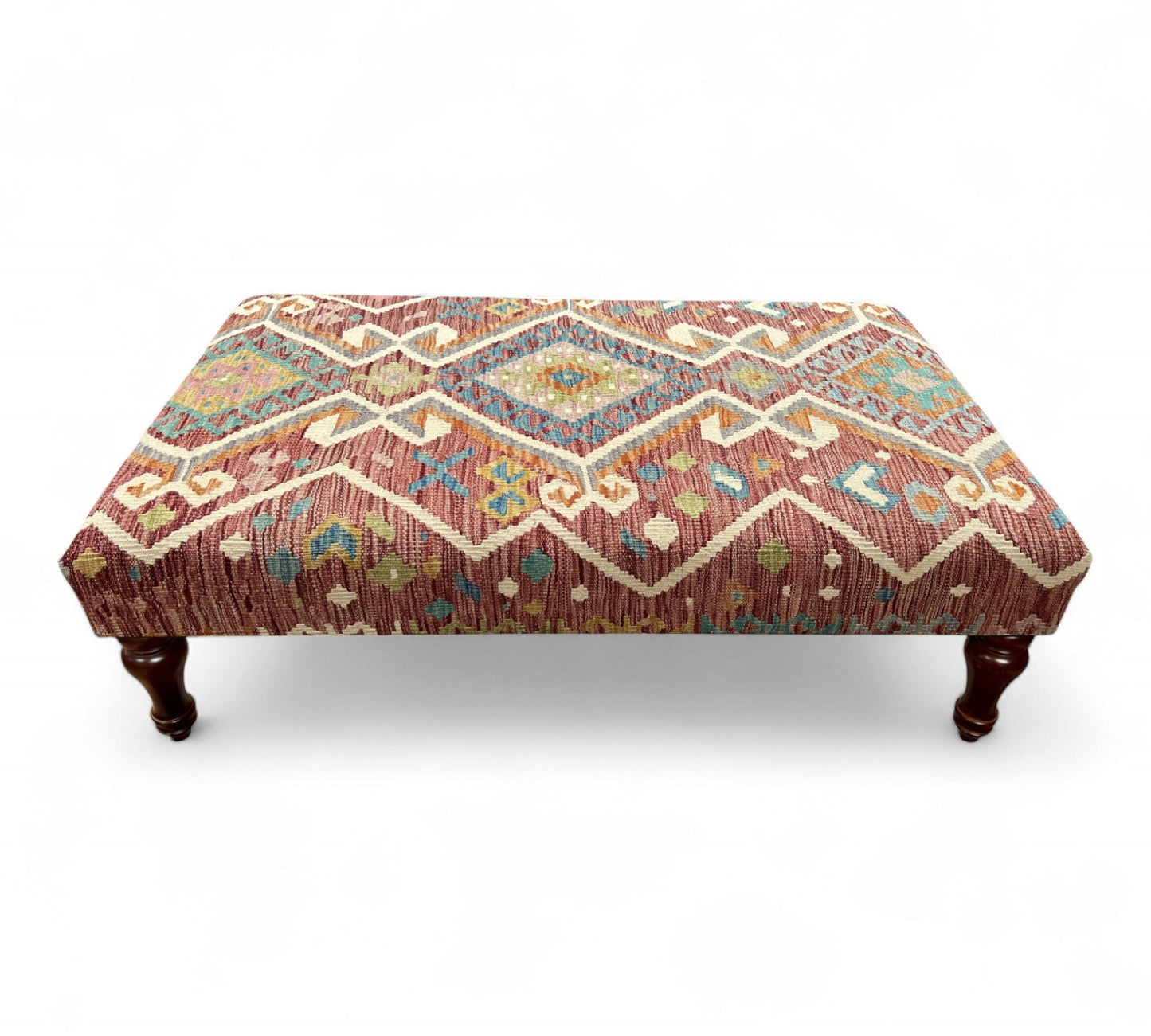Kilim Table Stool with traditional patterned kilim cover, 120cm x 75cm dimensions, featuring dark brown divan-style legs