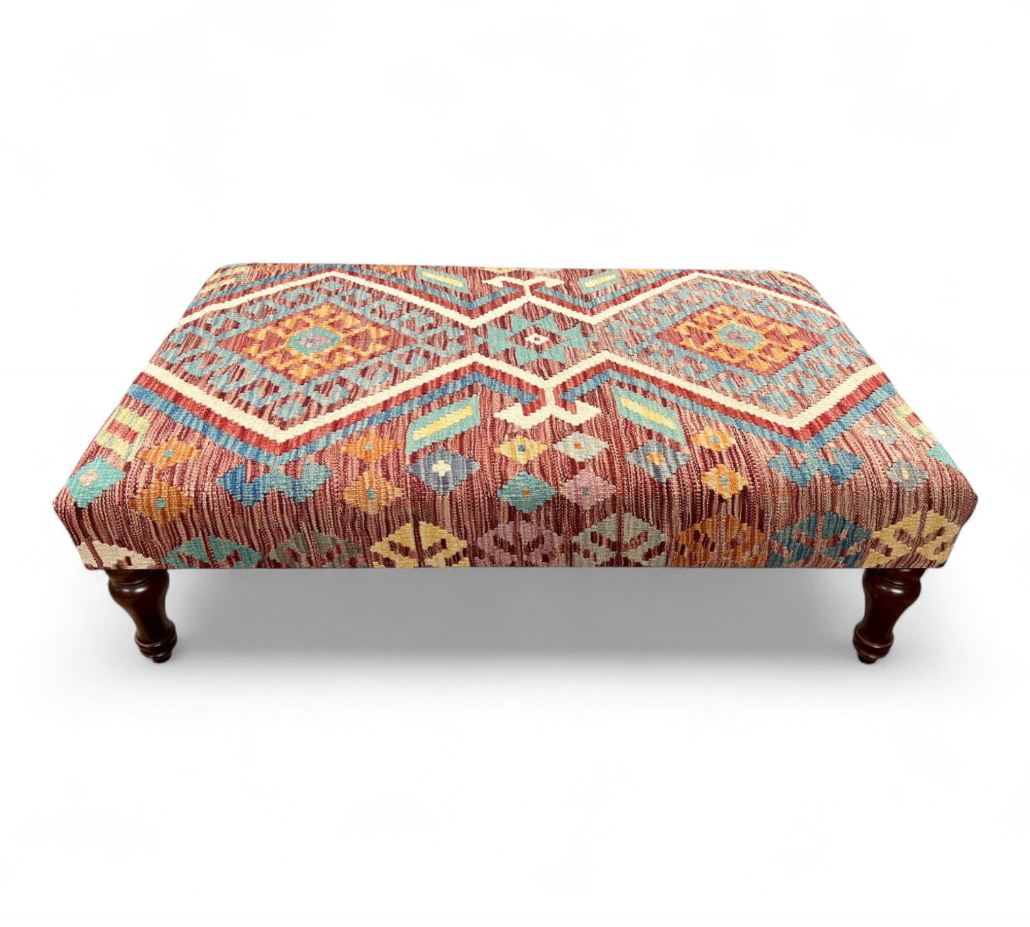 Kilim Table Stool with traditional patterned kilim cover, 120cm x 75cm dimensions, featuring dark brown divan-style legs