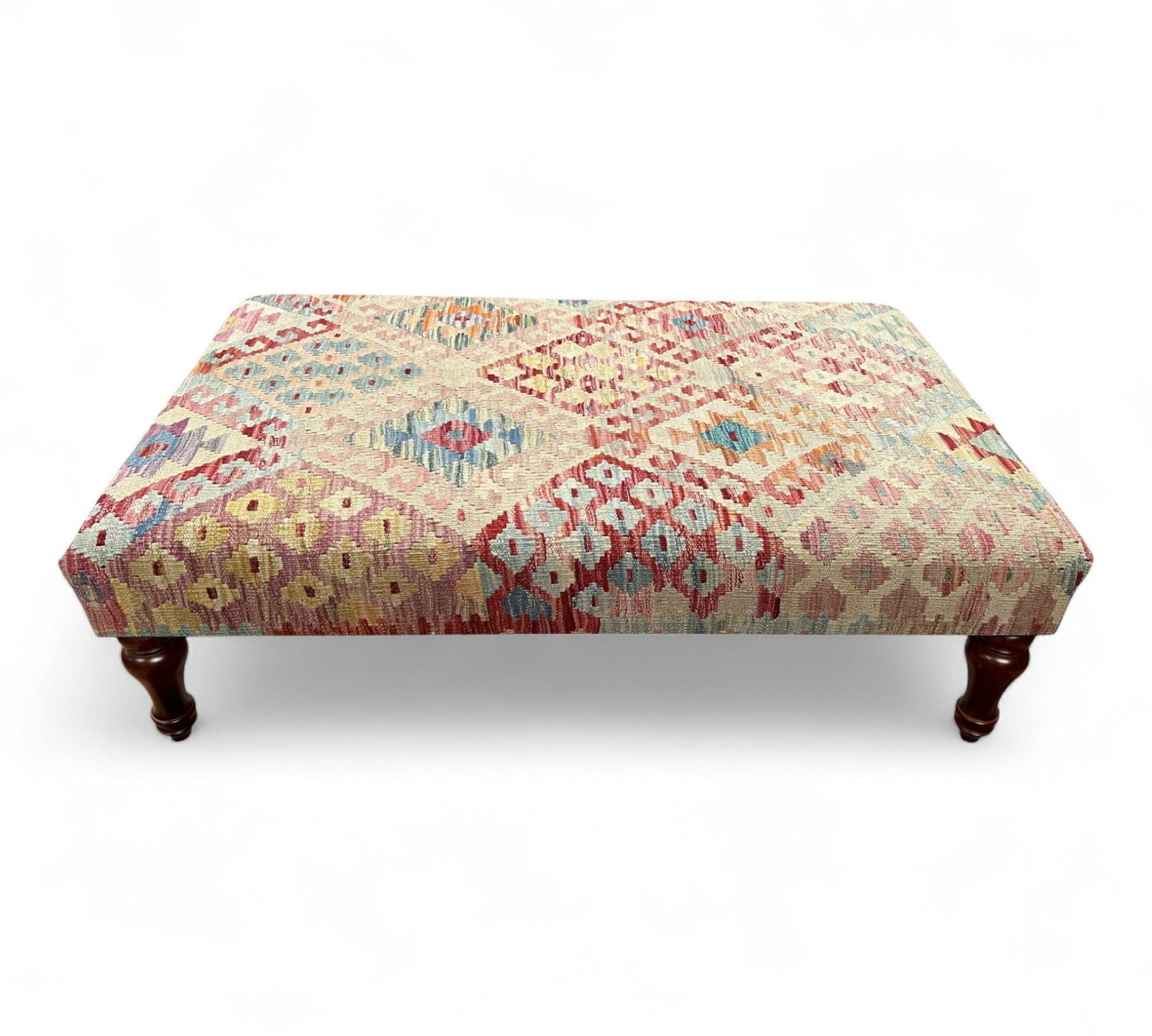 Kilim Table Stool with traditional patterned kilim cover, 120cm x 75cm dimensions, featuring dark brown divan-style legs
