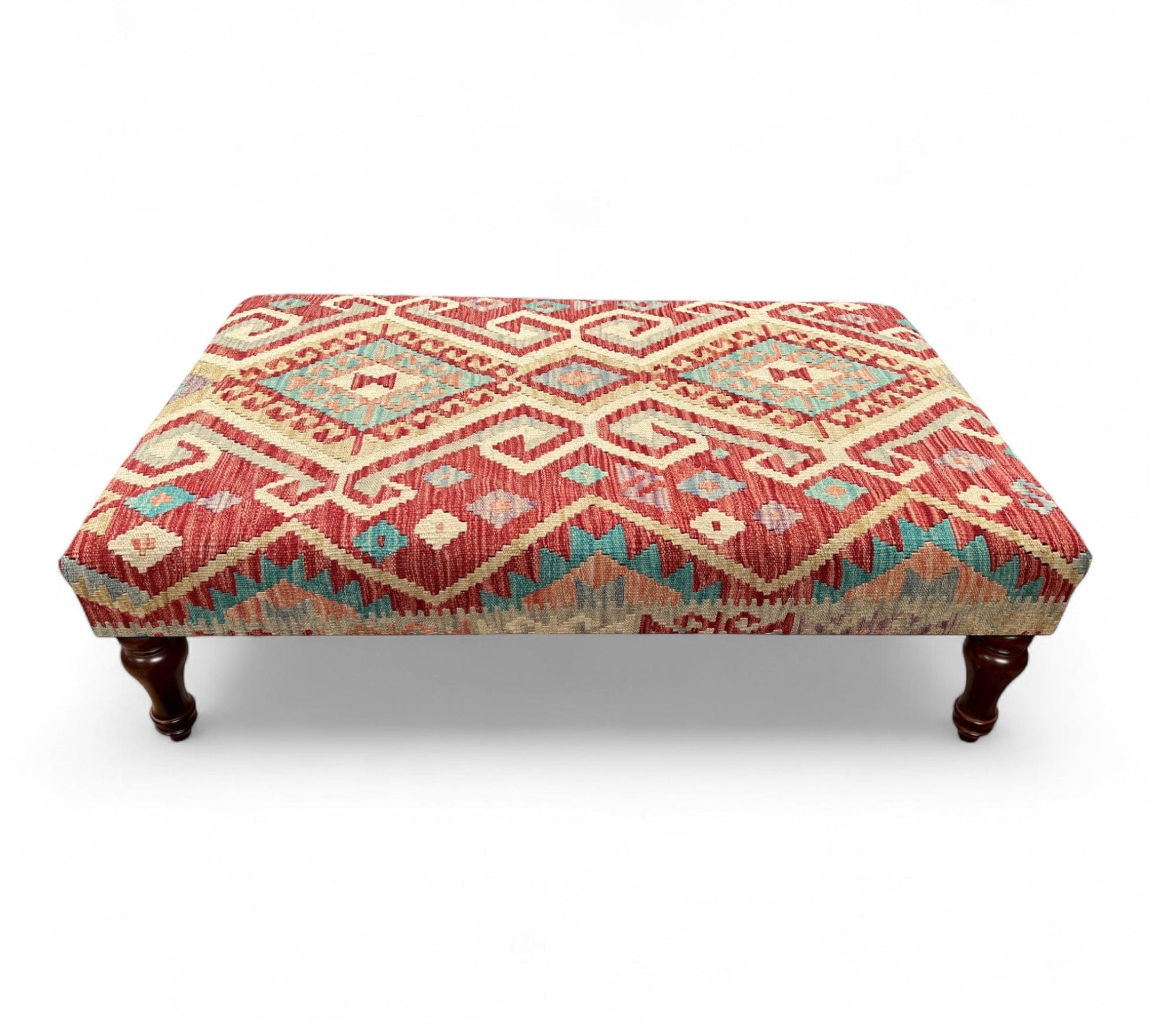Kilim Table Stool with traditional patterned kilim cover, 120cm x 75cm dimensions, featuring dark brown divan-style legs