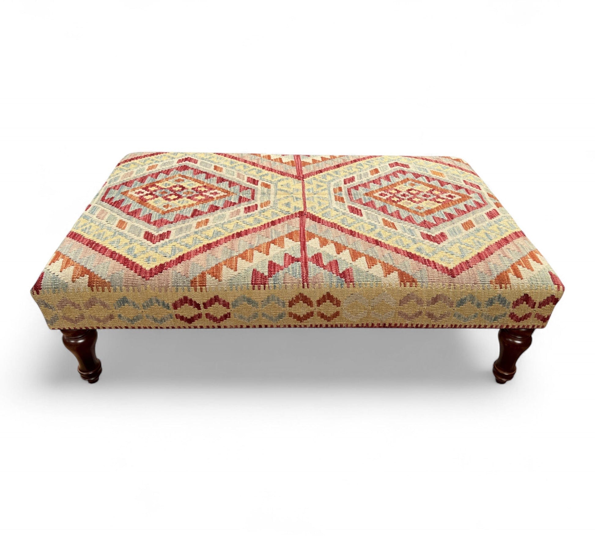 Kilim Table Stool with traditional patterned kilim cover, 120cm x 75cm dimensions, featuring dark brown divan-style legs