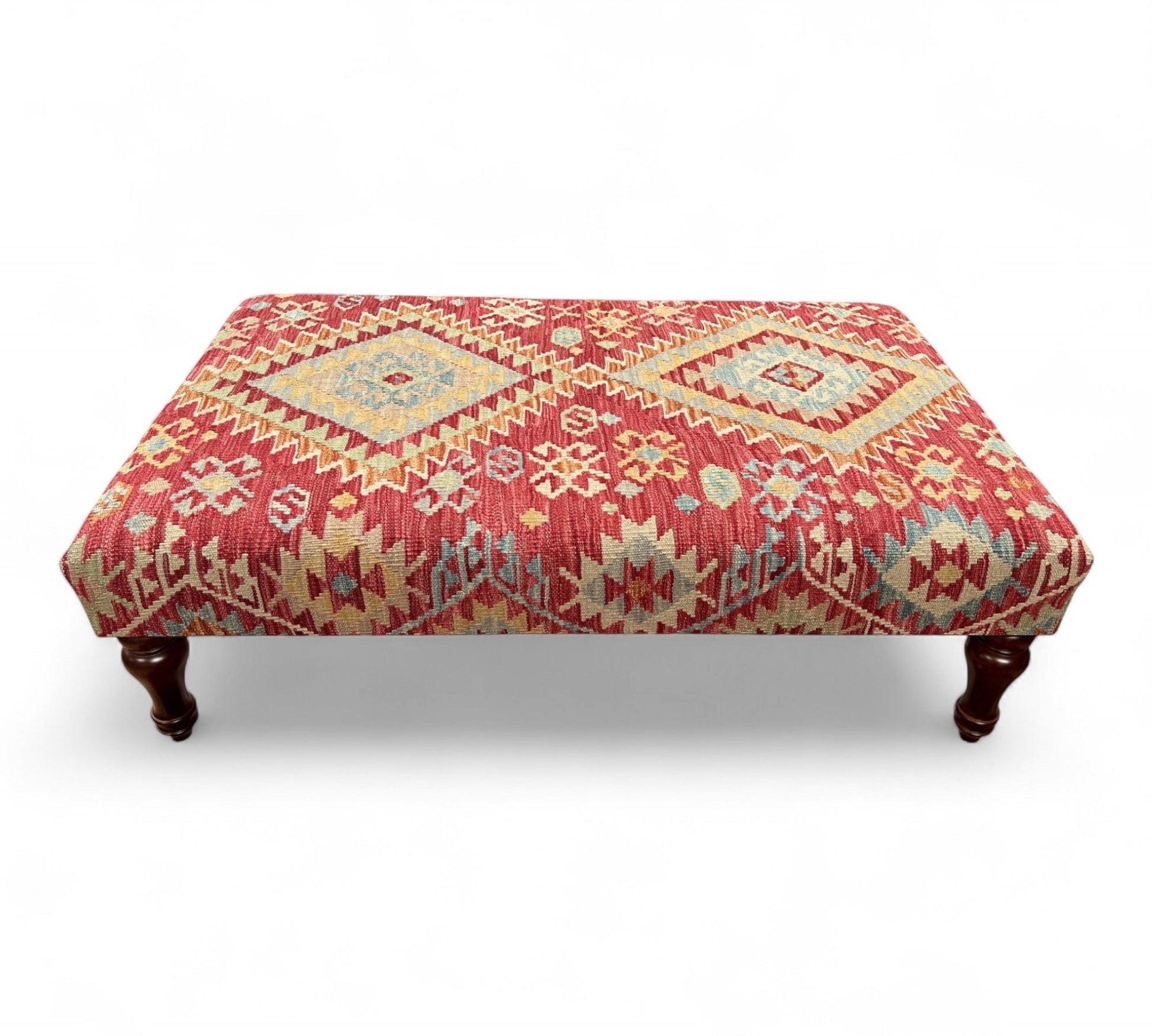 Kilim Table Stool with traditional patterned kilim cover, 120cm x 75cm dimensions, featuring dark brown divan-style legs