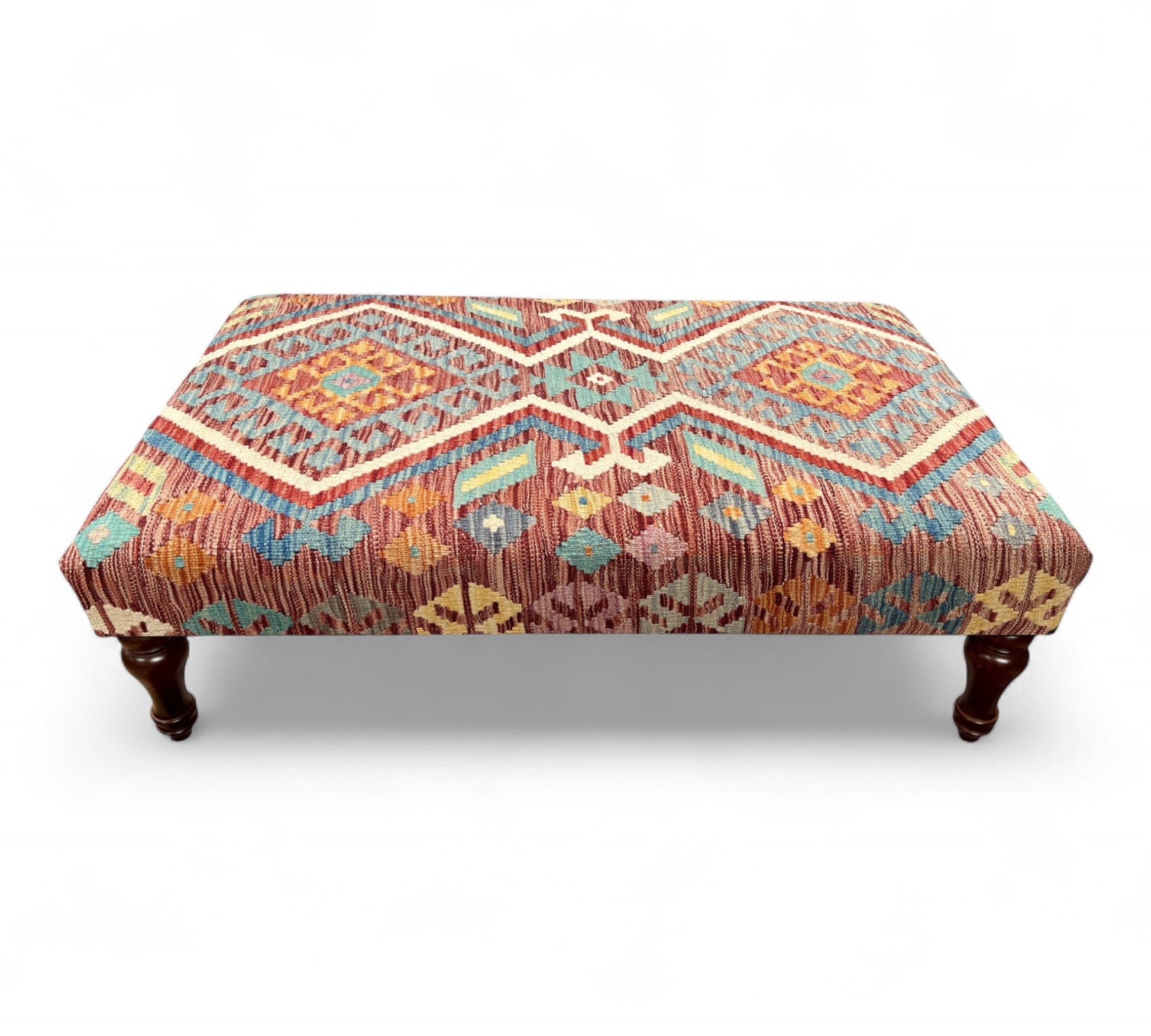 Kilim Table Stool with traditional patterned kilim cover, 120cm x 75cm dimensions, featuring dark brown divan-style legs